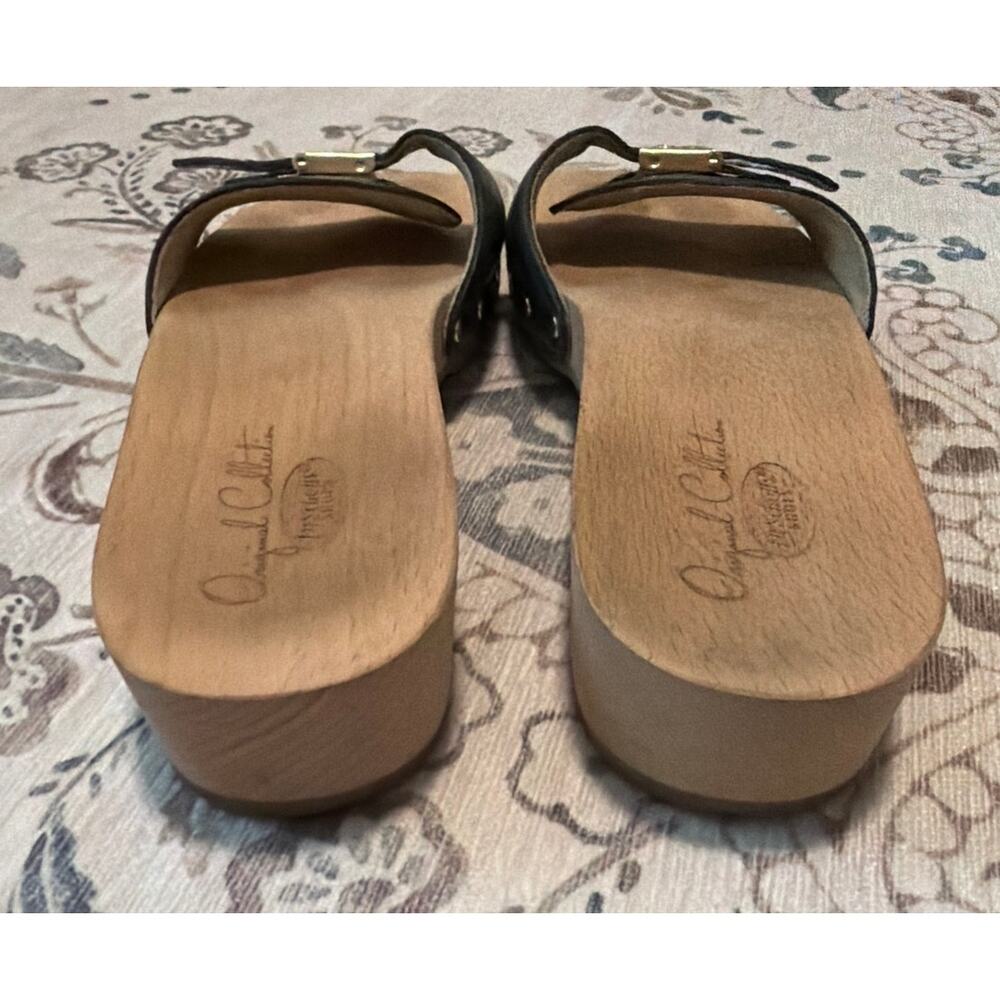 Dr. Scholls Original Clog Shoes Womens Size 10 Navy Leather Wood Slide Sandals - Picture 4 of 7